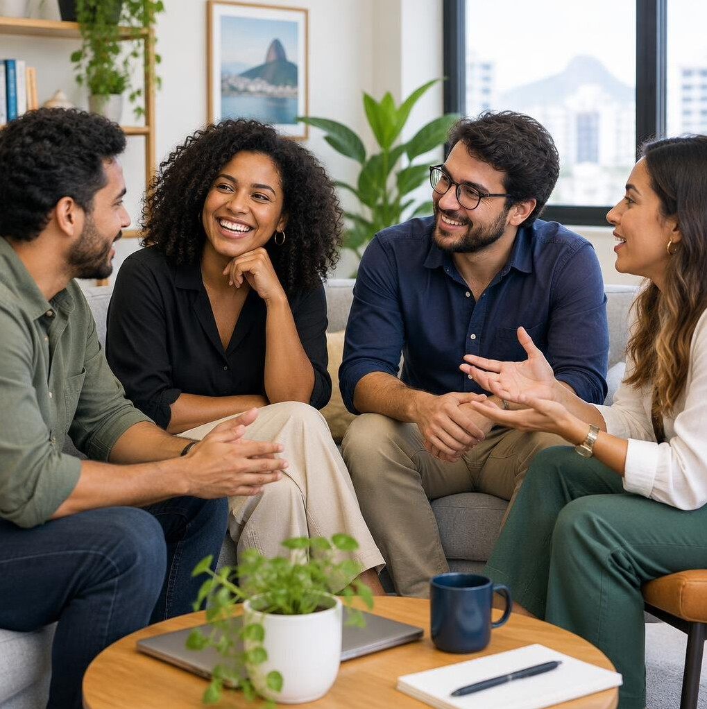 Group of four people having a friendly discussion