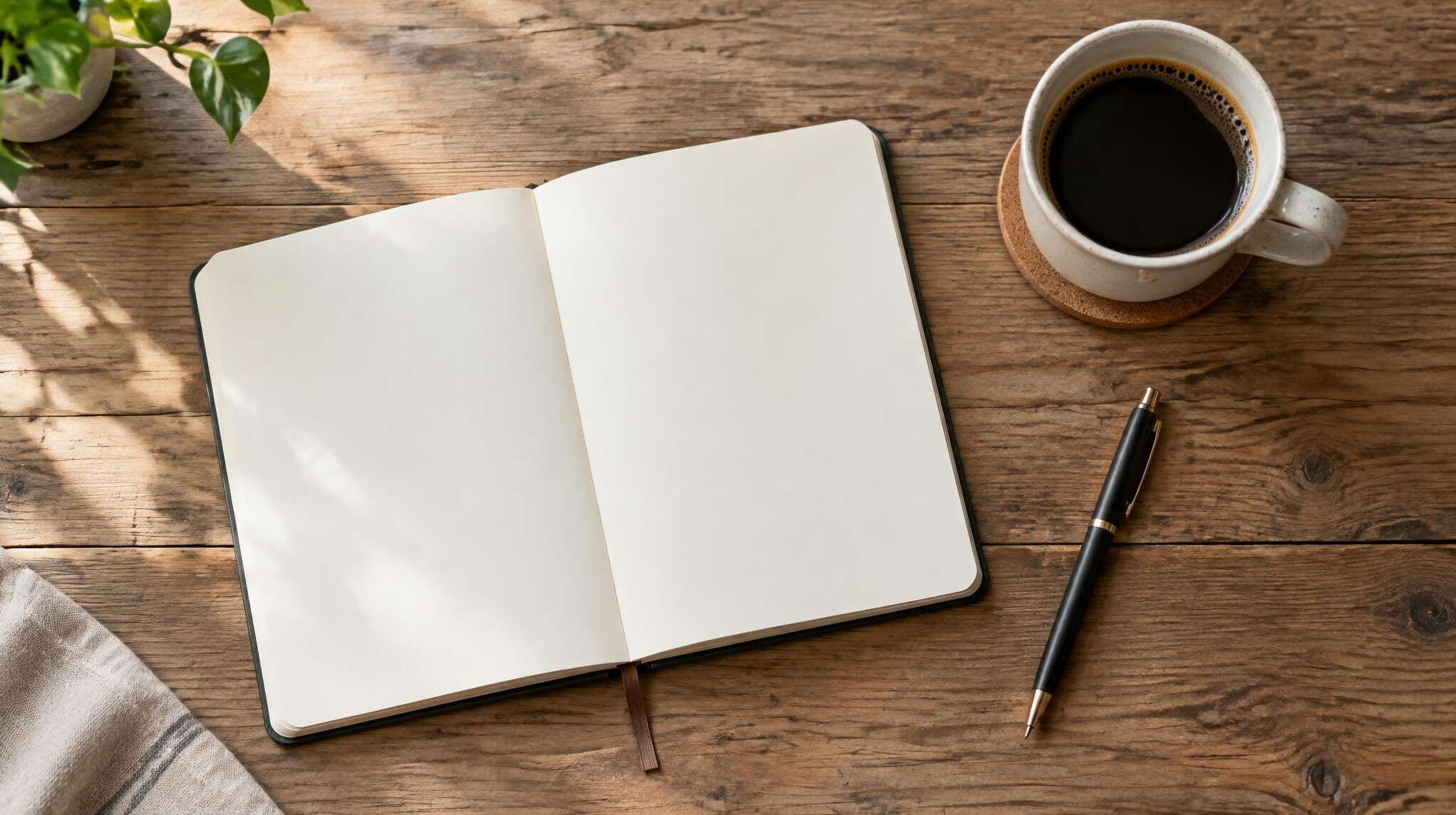 Open notebook and cup of coffee on a wooden desk