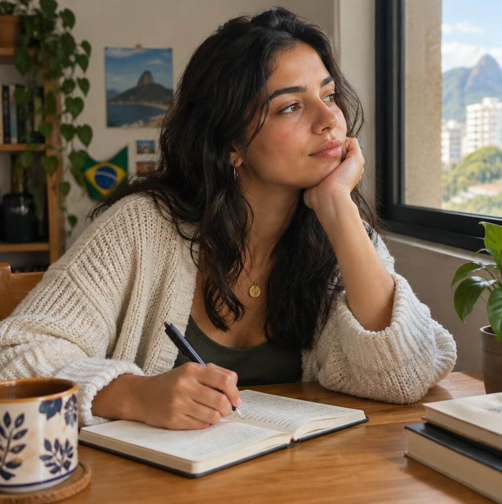 Young woman writing in a journal at home